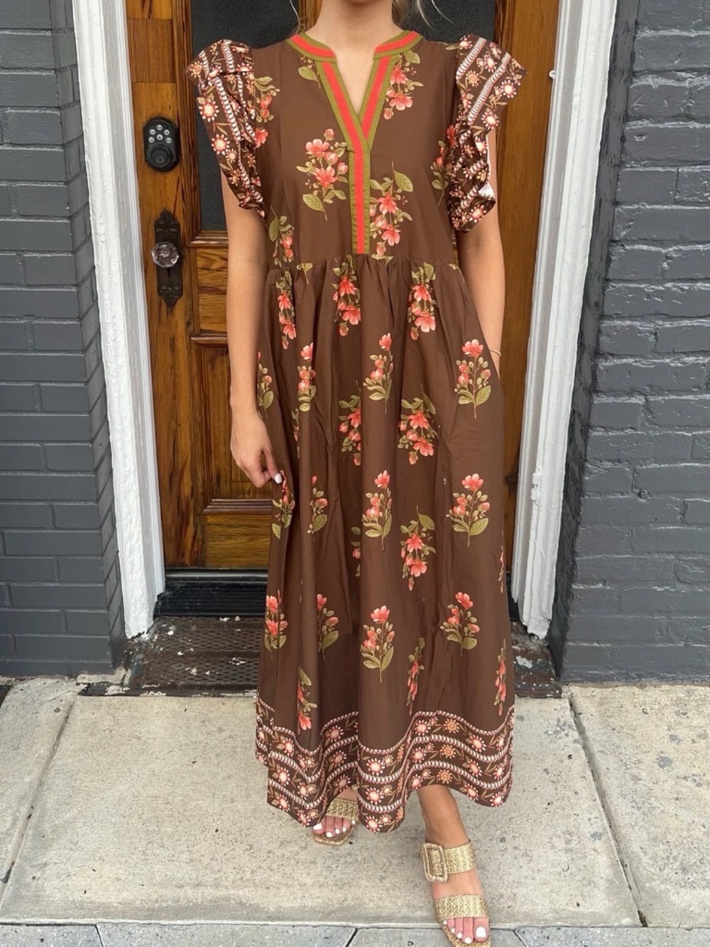 Entro Brown Floral Maxi Dress with Ruffled Sleeves